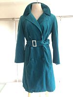 Teal velvet Edward An women's jacket displayed on a mannequin showing front with belted waist and double-breasted buttons.