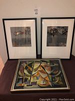 Overview of three framed abstract artworks: two prints and one painting