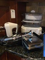 Four kitchen appliances on granite countertop including Oster Instant Steam steamer, VillaWare pizzelle baker, Black & Decker hand mixer with beaters, and KitchenAid hand blender.