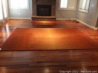 Large rectangular rust-colored area rug with gradient shading laid on wooden floor in front of a fireplace.
