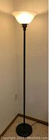 Full view of a black metal contemporary floor lamp with smooth shaft and frosted glass shade illuminating upward light