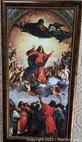 Front view of framed print of Titian's Assumption of Mary under glass