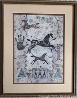 Vertical Southwest impressionistic horse print framed, showing three stylized horses and abstract Native American symbols and shapes on a textured background.