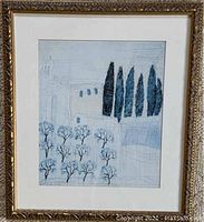 Frontal view of the framed impressionistic painting depicting Tuscan countryside with cypress trees and a building in light blue and black tones.