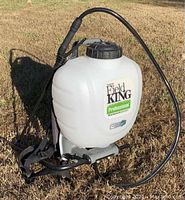 Field King 4 gallon weed sprayer sitting on grass, showing backpack straps, pump lever, and hose with spray wand.