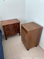 View of both nightstand and side table showing differences in style, size, and condition.