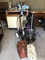 Two golf bag carts, two golf bags, four baseball and bowling trophies visible on a cabinet behind.