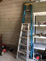 Full view of two ladders leaning against wall showing relative size and shape