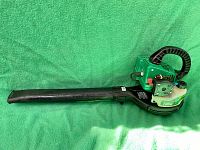 Full side profile of the green and black Weed Eater FeatherLite gas powered blower set on a green background.