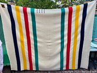 Full view of blanket hung outdoors showing cream ground and multi-color vertical stripes at four points.