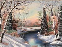 Close-up of the winter landscape painting showing detailed brushwork and color.