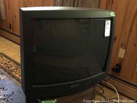 Front angle view of a black Sharp CRT TV with curved screen on wood floor with some wood walls and carpet edges visible.
