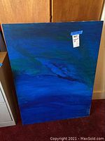 Abstract blue and green wall hanging artwork on stretched canvas, signed, ready to hang