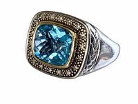 Close-up image of the Alwand Vahan sterling silver ring featuring a cushion-cut blue topaz center stone surrounded by diamonds and 14K gold bezel.