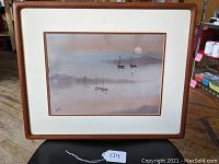 Full framed watercolor painting showing ships in a misty harbor scene with hazy background and soft moonlight effect.