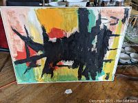 Full frontal view of the abstract painting showing central black impasto and surrounding color fields