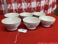 Six white ceramic Rae Dunn cereal bowls arranged in two rows on a red checkered cloth background showing front text on bowls.