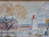 Watercolor painting showing a riverside scene with a lighthouse and buildings under a sky with trees.