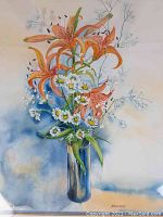 Close-up of painting showing orange lilies, white daisies, blue background