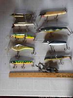 Full collection of 12 muskie fishing lures, displayed on a surface with a yardstick for size reference