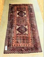 Full view of the wool area rug showing overall pattern and color.