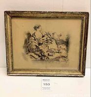 Full view of the framed charcoal sketch showing the entire artwork and the frame with visible damage.