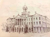 Close-up of print showing detailed line drawing of Victoria Hall and artist's signature.