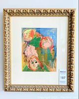 Front view of framed abstract painting showing the composition and frame details