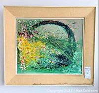 Full front view of the oil painting framed, showing overall condition and water damage on the matting at the bottom.