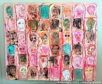 Front view of the large mixed media painting showing grid of colorful abstract faces on pink background.