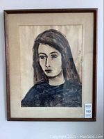 Frontal view of framed watercolor portrait showing entire artwork and frame.