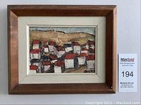 Frontal view of framed painting showing overall condition and composition with lot tag visible