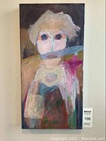 Front view of the canvas painting showing an abstract figure in mixed muted colors and brush strokes.