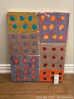 Front view of unsigned original abstract wax on board artwork featuring grid of six rectangles each with raised colorful dots