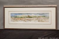 Full view of framed watercolour landscape painting on silk, showing snowy field with grasses and tree line under cloudy blue sky.