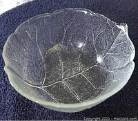 Clear leaf design glass dish with detailed leaf veins, viewed from above on dark fabric