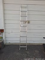 Full view of the Werner aluminum extendable ladder in front of a garage door, showing the entire ladder length.