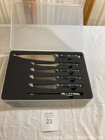 Top-down view of set with knives and thermometer in black foam insert, inside storage box with transparent lid.