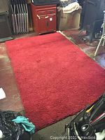 Full view of the red rectangular high pile rug laid on the floor showing size and color