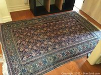 Full view of area rug on wooden floor showing patterned design and general condition.