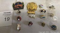 Multiple assorted pins including firefighters, Lions Club, and Canadian-themed pins spread on table.