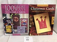 Two books, one pink and purple titled '100 Great Ways to Make Cards' by Shirley Toogood, the other titled 'Quick & Clever Christmas Cards' by Elizabeth Mead, placed side by side.