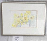 Full view of framed original floral watercolour signed 'Lindall' 1996, showing the entire piece and frame.