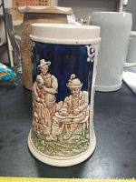 Photo showing one side of the beer stein with two figures in traditional German attire in relief against a dark blue background.