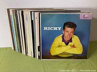 30 vinyl albums stacked showing front covers with colorful and varied artist portraits and designs.