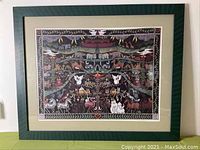 Full view of the framed lithograph depicting animals in Noah's Ark with dark background and detailed colorful illustrations.