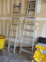 Two metal ladders leaning against a garage wall. Left is an 8 ft step ladder; right is a 16 ft extension ladder.