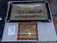 3D tin art and wooden clock with The Last Supper images together on display surface