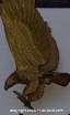 Photo of brass eagle hood ornament showing wings up and claws outstretched on a black surface with a faint wood grain background.