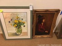 Two paintings side by side: floral still life and woman portrait showing size and format
